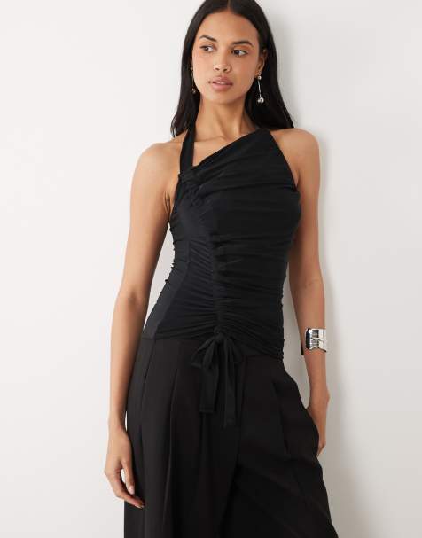 ASOS DESIGN slinky ruched halter top in black - view 1