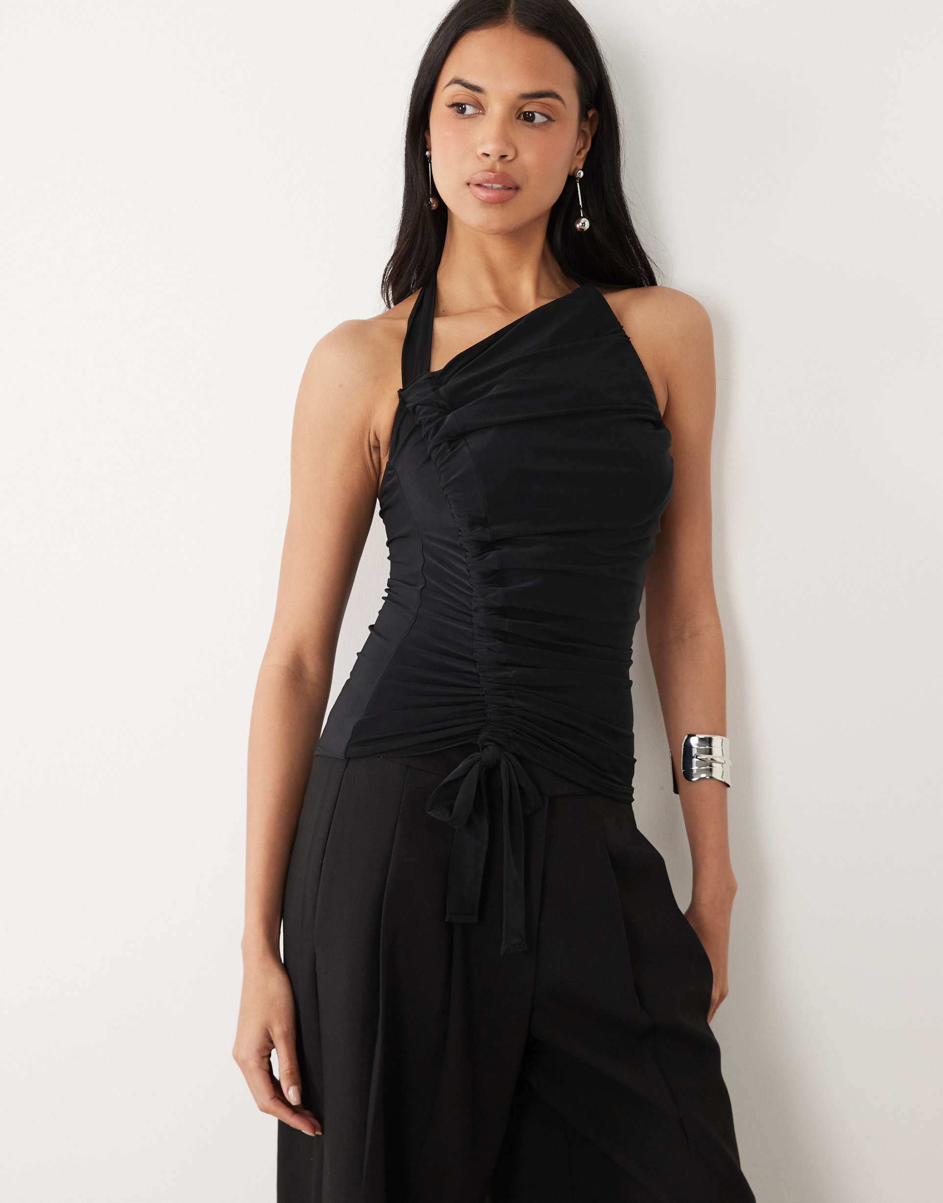 asos design slinky ruched halter top in black