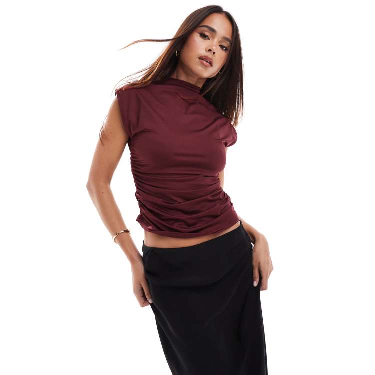 ASOS DESIGN slinky ruched high neck top in burgundy