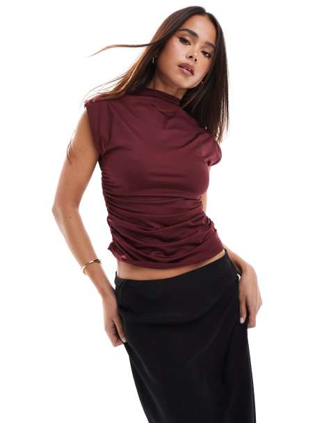 ASOS DESIGN slinky ruched high neck top in burgundy