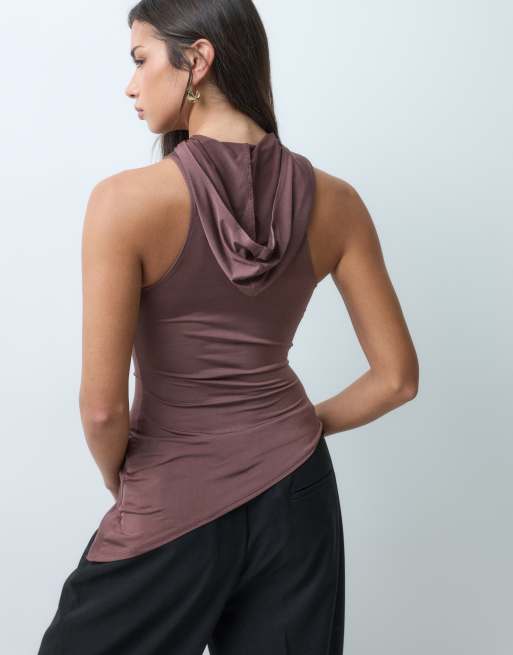 ASOS DESIGN slinky ruched hooded top in chocolate, 5 of 5