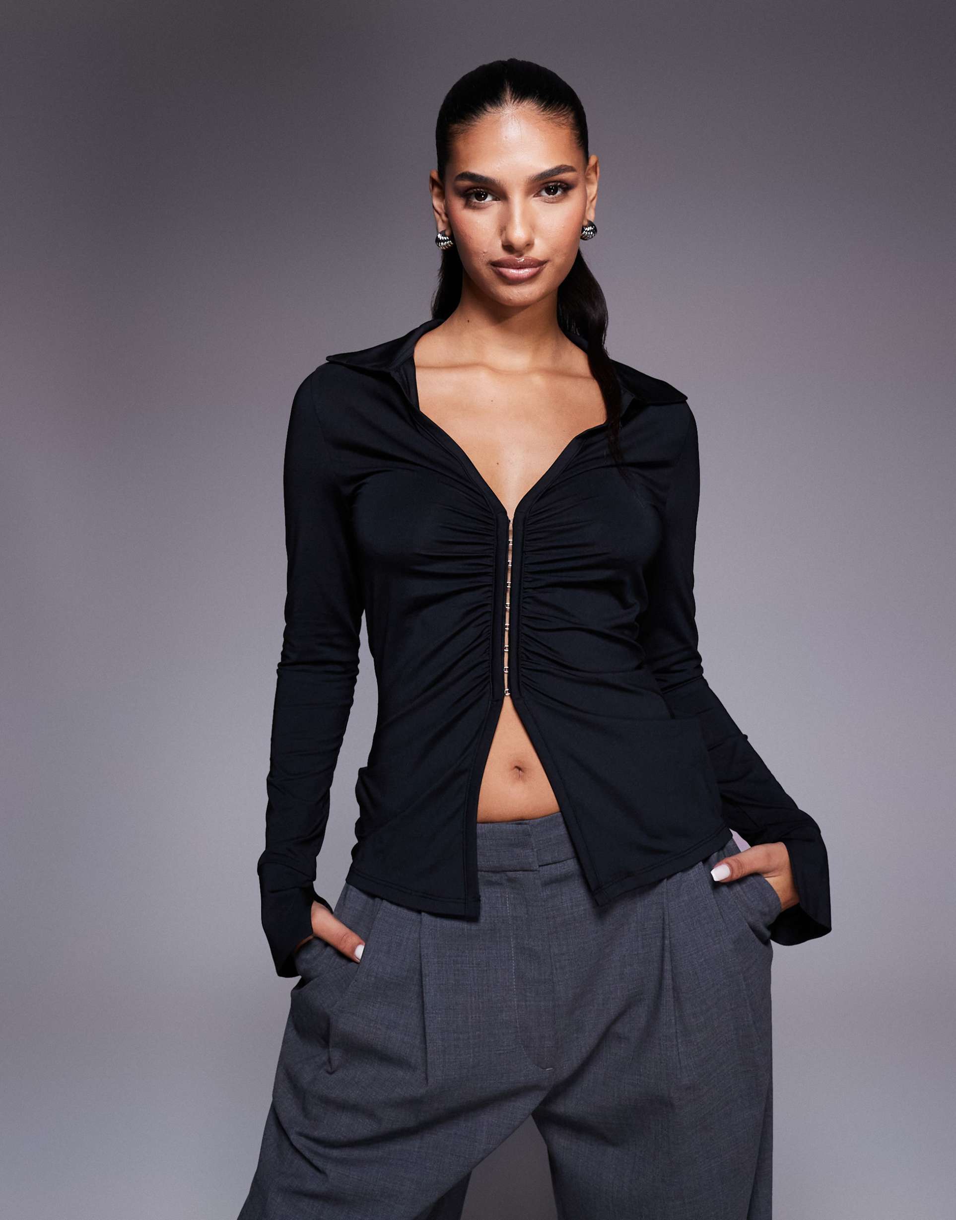 asos design slinky ruched hook and eye longline top in black