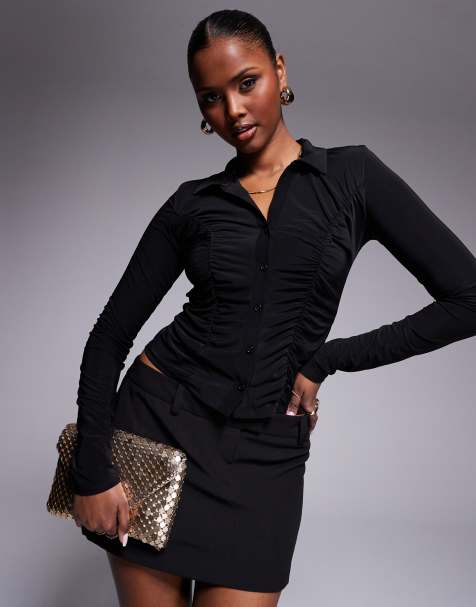ASOS DESIGN slinky ruched long sleeve top with collar in black - view 1