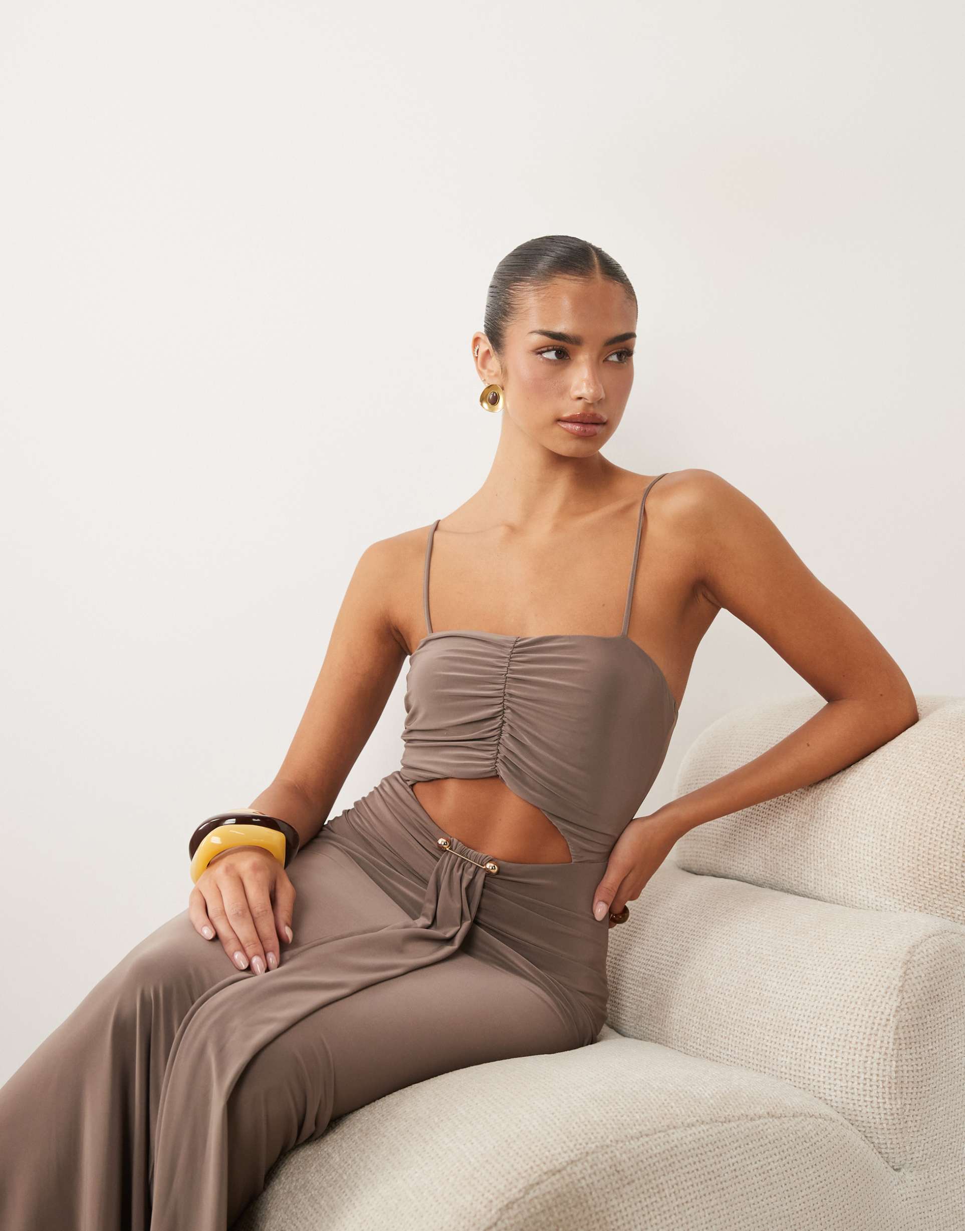 asos design slinky ruched maxi dress with cut out and trim in moonrock