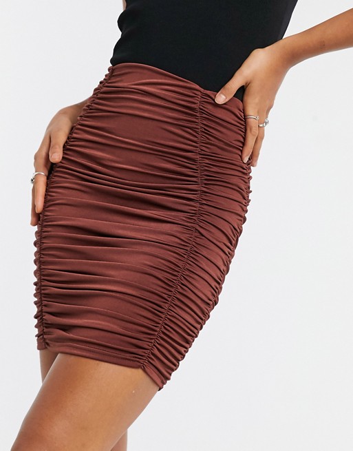 ASOS DESIGN slinky ruched mini skirt in chocolate