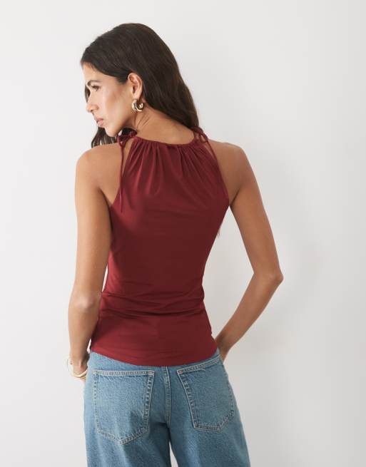 ASOS DESIGN slinky ruched neckline tie shoulder sleeveless top in berry, 2 of 4