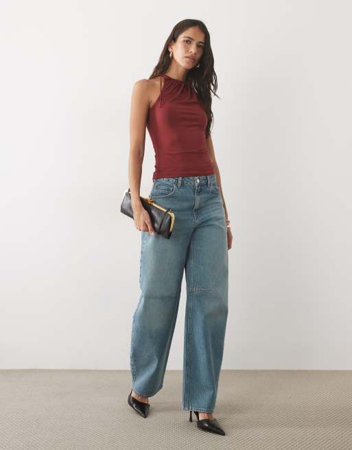 ASOS DESIGN slinky ruched neckline tie shoulder sleeveless top in berry, 3 of 4