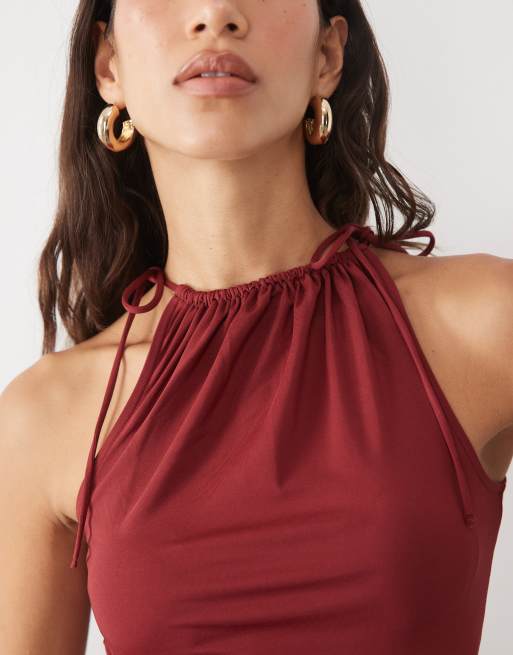 ASOS DESIGN slinky ruched neckline tie shoulder sleeveless top in berry, 4 of 4