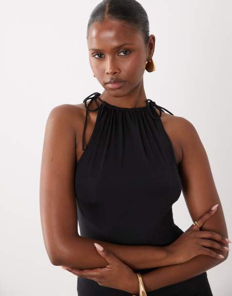 ASOS DESIGN slinky ruched neckline tie shoulder sleeveless top in black - view 1
