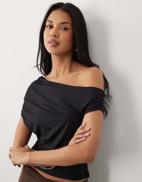 ASOS DESIGN slinky ruched one shoulder asym top in black - view 1