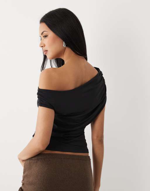 ASOS DESIGN slinky ruched one shoulder asym top in black, 4 of 4