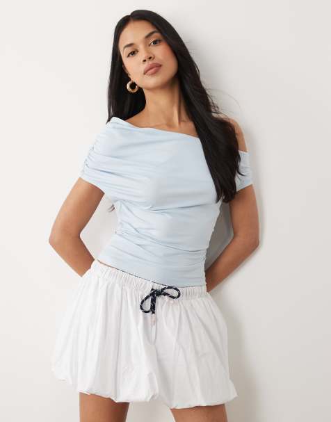 ASOS DESIGN slinky ruched one shoulder asym top in blue - view 1
