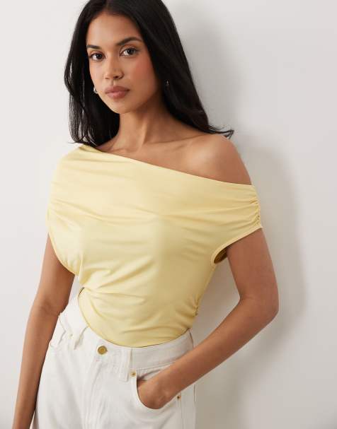 ASOS DESIGN slinky ruched one shoulder asym top in yellow - view 1
