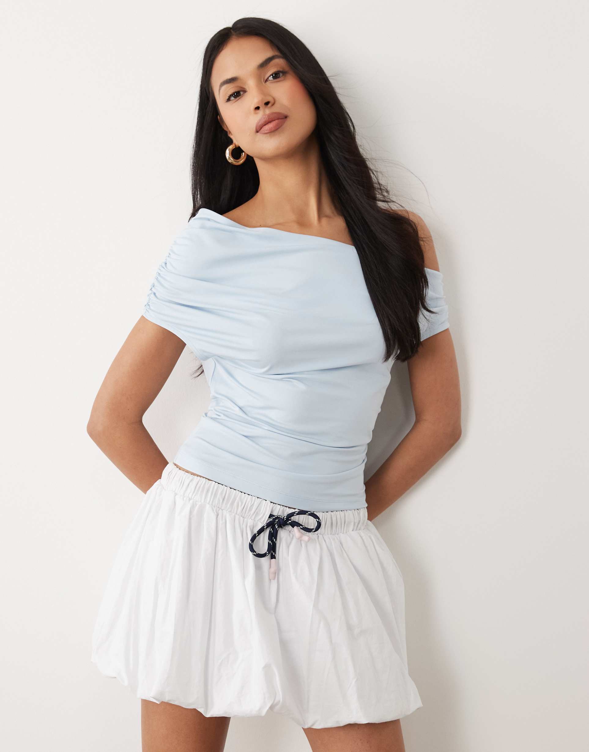 asos design slinky ruched one shoulder asymmetric top in blue