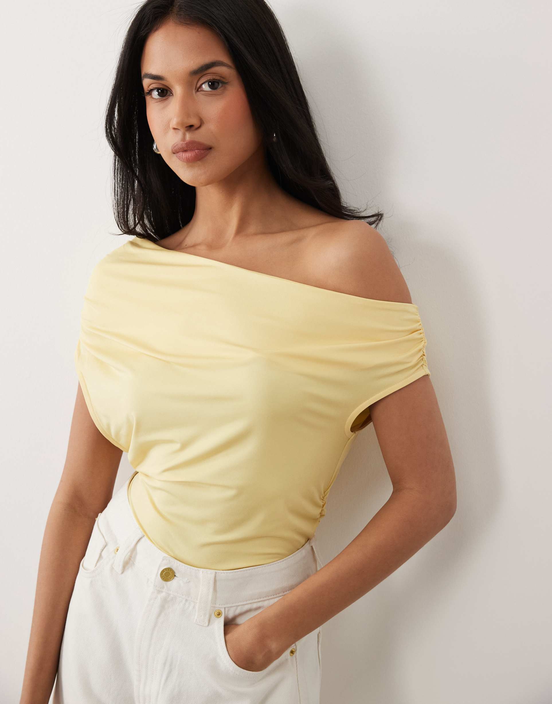 asos design slinky ruched one shoulder asymmetric top in yellow