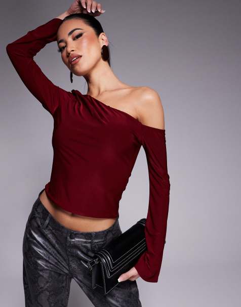 ASOS DESIGN slinky ruched one shoulder flared sleeve top in wine - view 1
