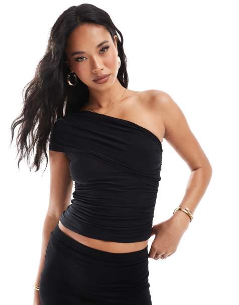 ASOS DESIGN slinky ruched one shoulder top in black - view 1