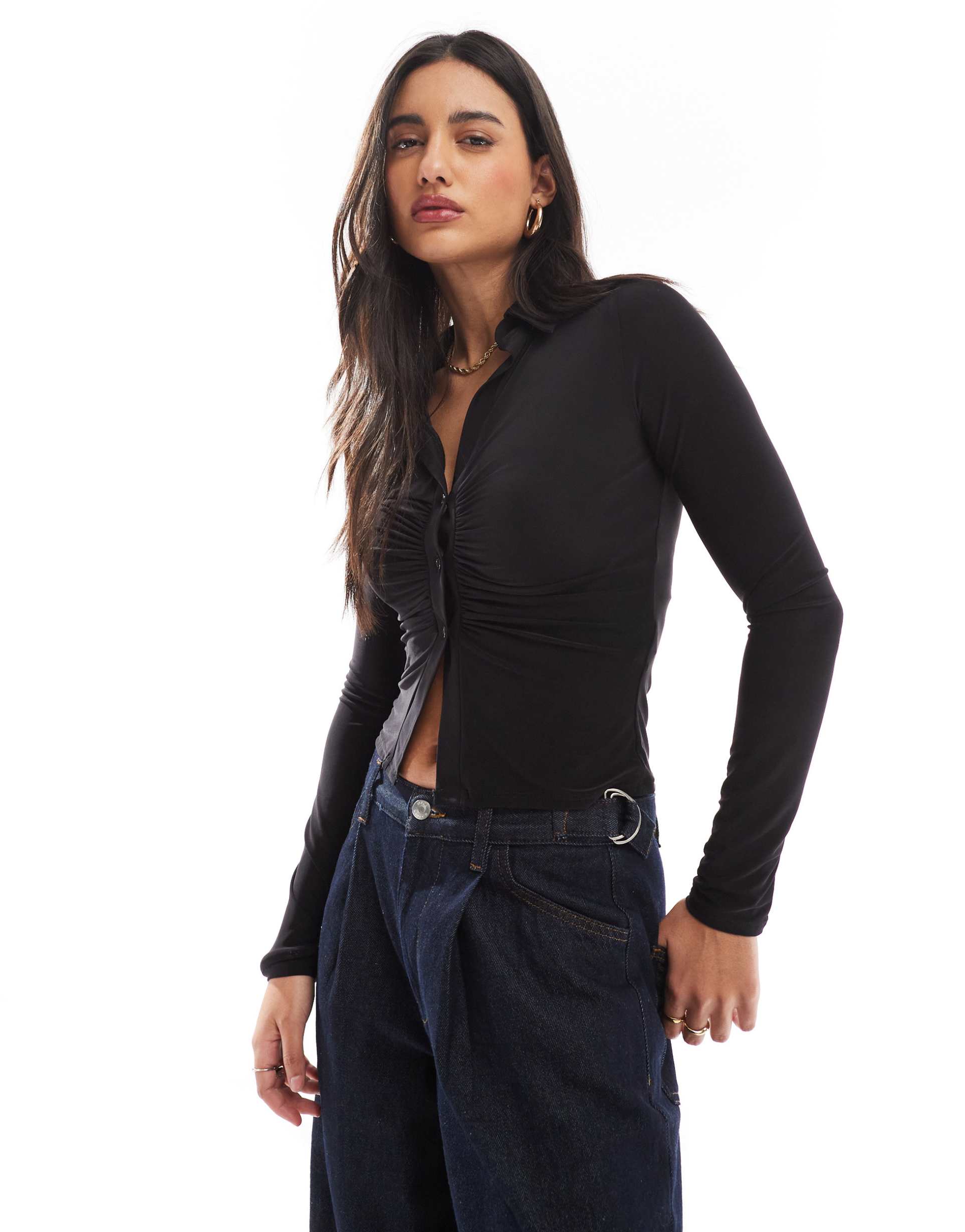 asos design slinky ruched plunge long sleeve shirt in black
