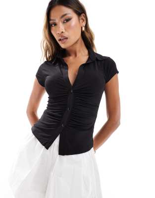 ASOS DESIGN slinky ruched plunge short sleeve shirt in black
