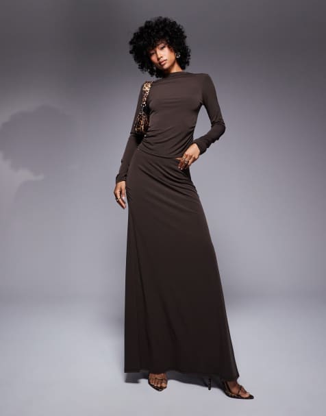 ASOS DESIGN slinky ruched side maxi skirt with godet in brown (part of a set) - view 1