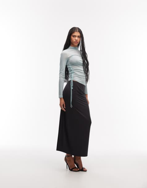 ASOS DESIGN slinky ruched side midi skirt in black - BLACK - view 1