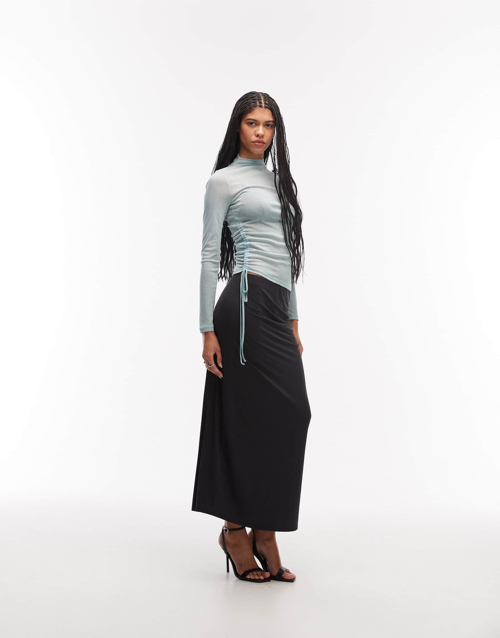 asos design slinky ruched side midi skirt in black