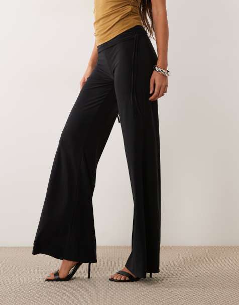ASOS DESIGN slinky ruched side wide trouser co-ord in black - view 1