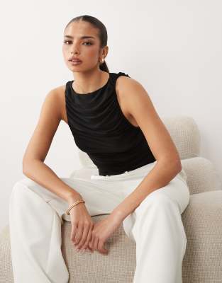 Asos Design Slinky Ruched Slash Neck Handkerchief Hem Top In Black
