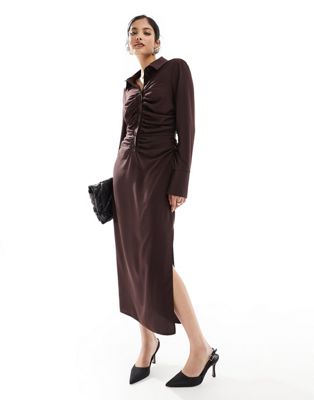 Asos Design Slinky Ruched Waist Midi Shirt Dress In Chocolate-brown