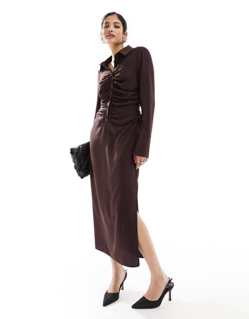 FhyzicsShops DESIGN slinky ruched waist midi shirt dress in chocolate