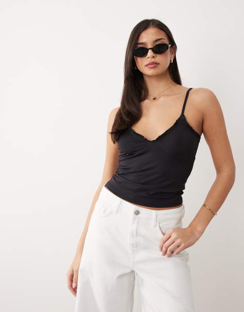 ASOS DESIGN slinky ruffle detail cami top in black - view 1