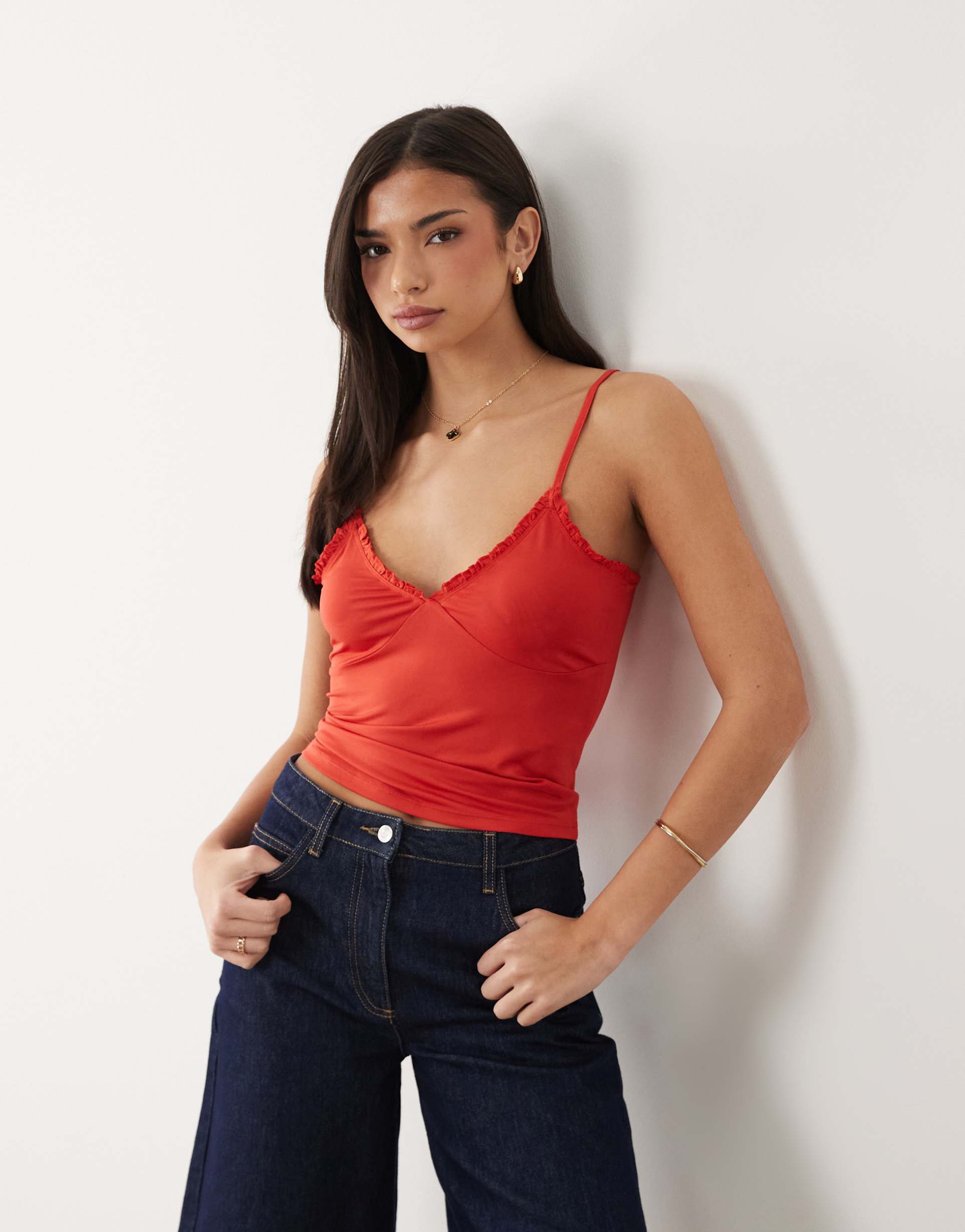asos design slinky ruffle detail cami top in red