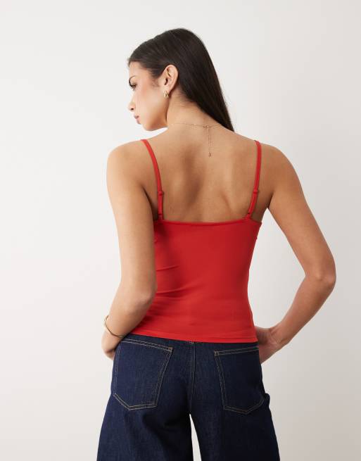 ASOS DESIGN slinky ruffle detail cami top in red, 4 of 4