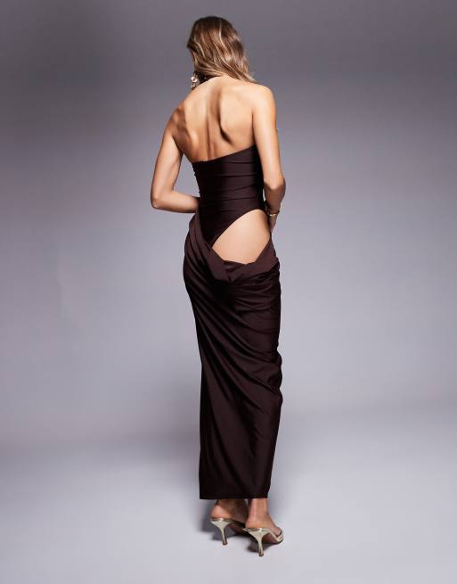 ASOS DESIGN slinky sarong style maxi dress with asymmetric neckline in chocolate brown