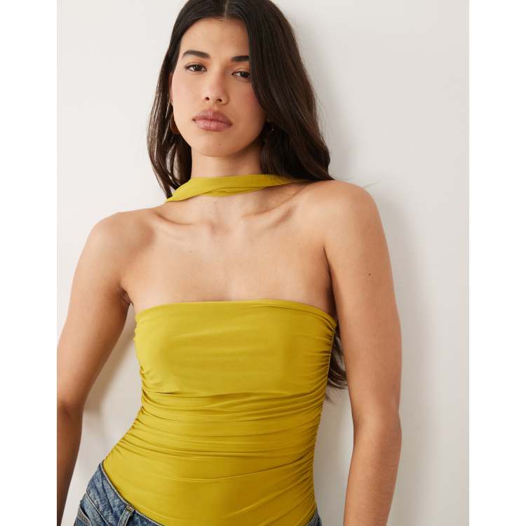 ASOS DESIGN slinky scarf look bandeau bodysuit in olive green | ASOS