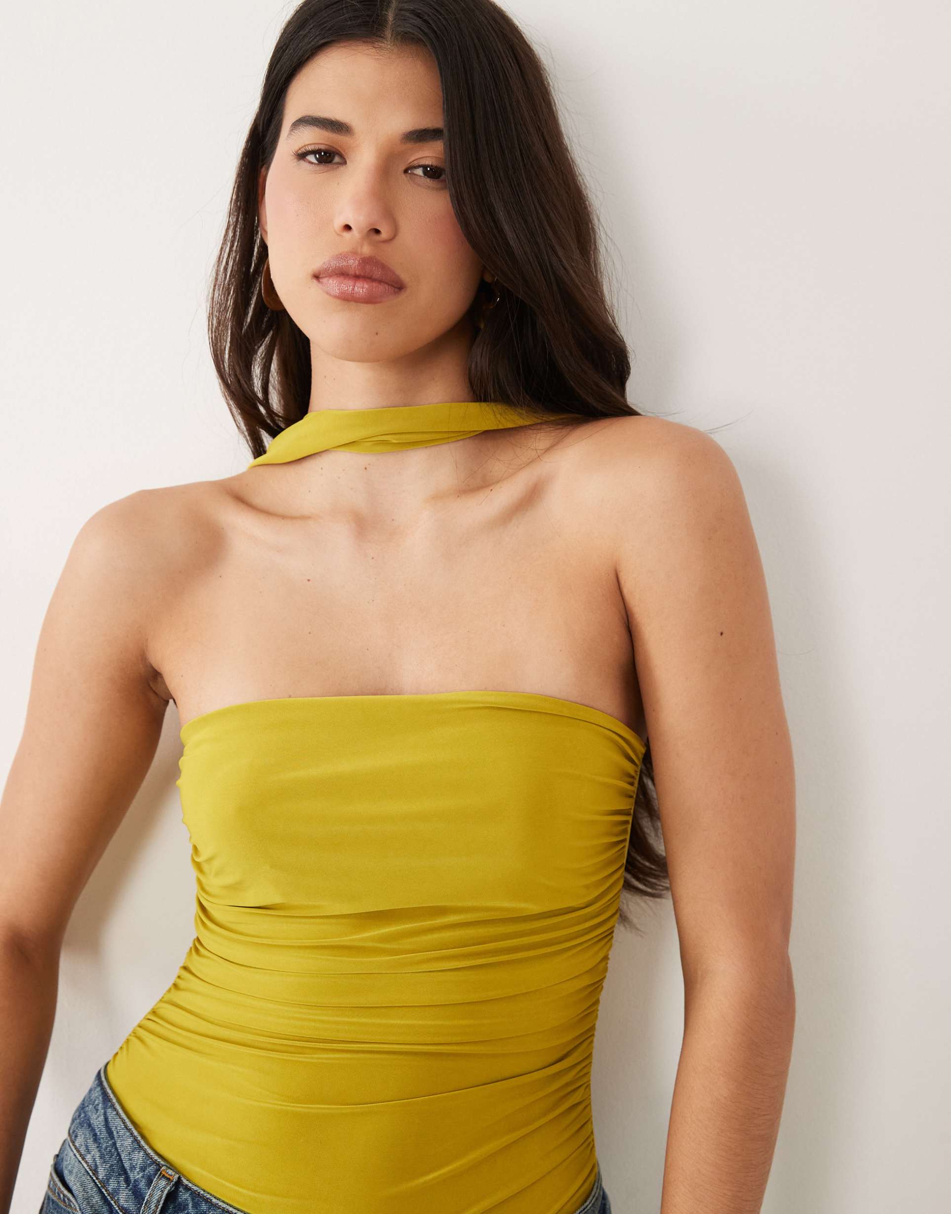 asos design slinky scarf look bandeau bodysuit in olive green