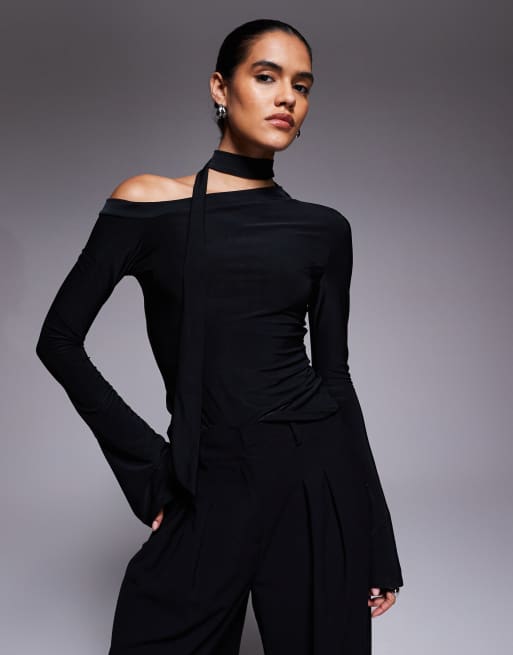 ASOS DESIGN slinky scarf neck off shoulder top in black