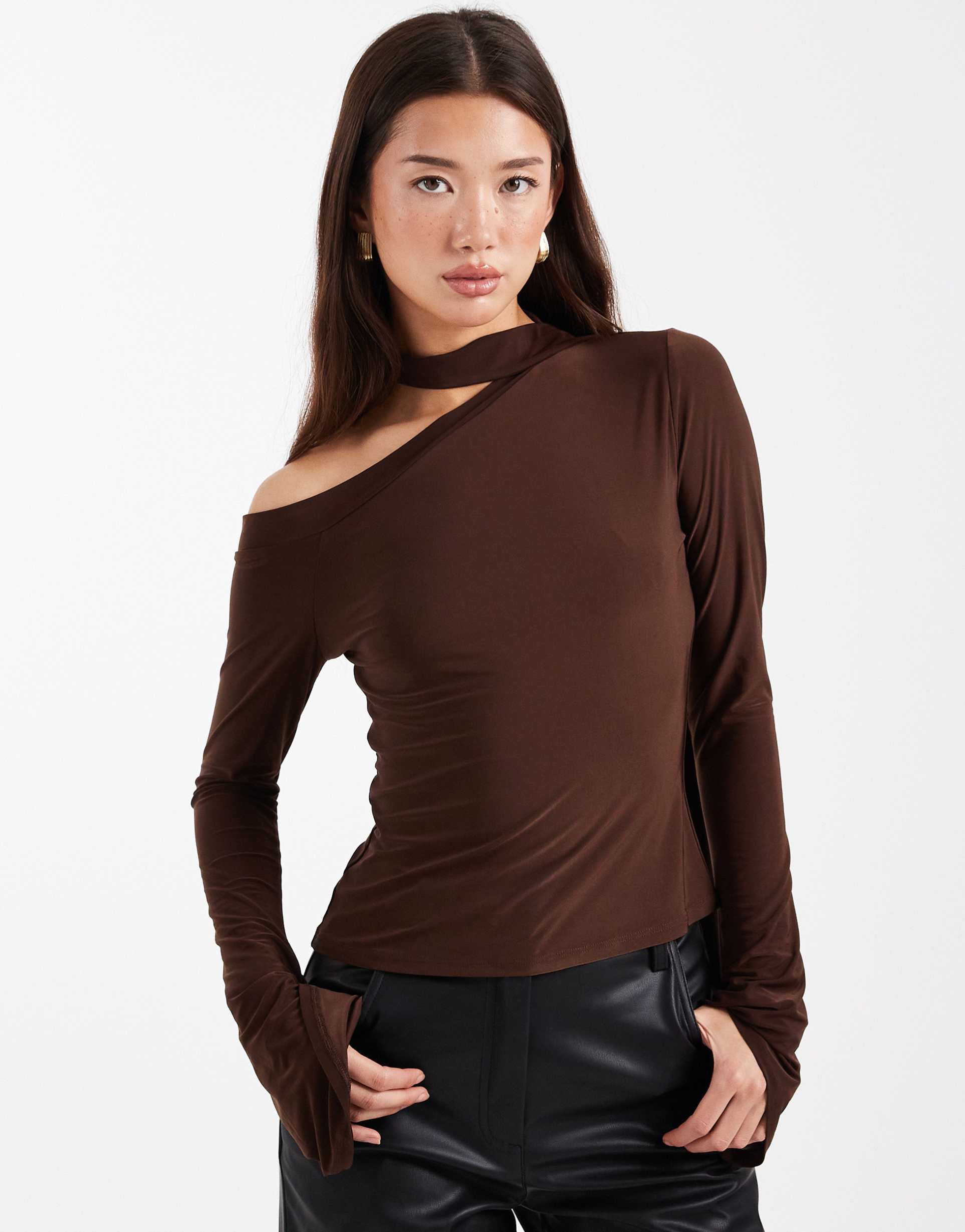 asos design slinky scarf neck off shoulder top with flare sleeves in brown