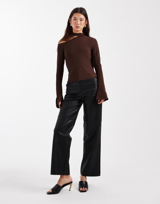 ASOS DESIGN slinky scarf neck off shoulder top with flare sleeves in brown, 2 of 4
