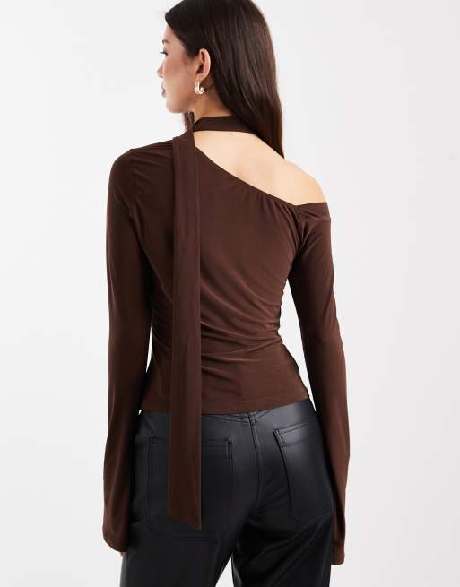 ASOS DESIGN slinky scarf neck off shoulder top with flare sleeves in brown, 4 of 4