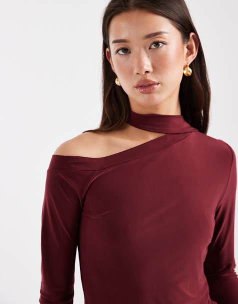 ASOS DESIGN slinky scarf neck off shoulder top in burgundy