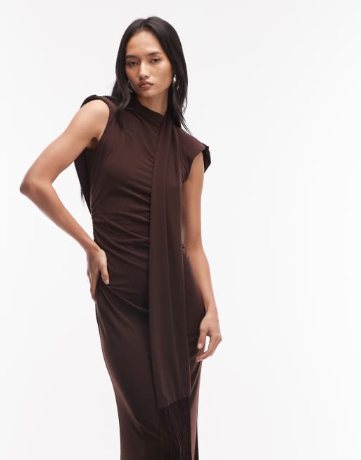 ASOS DESIGN slinky scarf neck structured shoulder maxi dress with cowl back in chocolate, 3 of 4