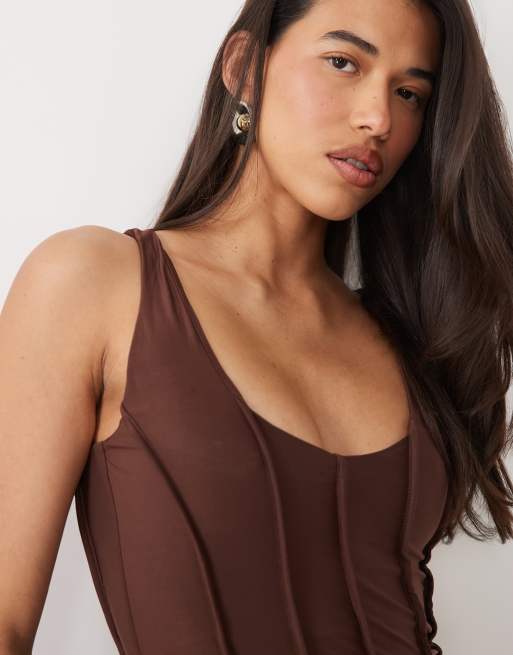 ASOS DESIGN slinky scoop neck maxi dress with exposed seams in brown, 2 of 4