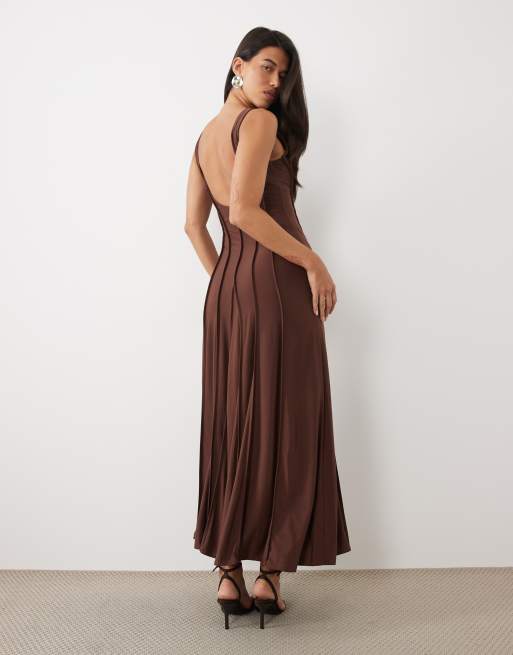 ASOS DESIGN slinky scoop neck maxi dress with exposed seams in brown, 3 of 4