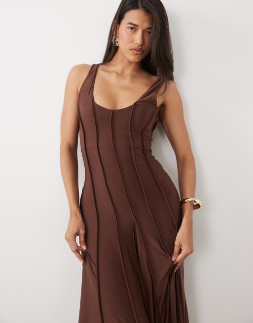 ASOS DESIGN slinky scoop neck maxi dress with exposed seams in brown, 4 of 4