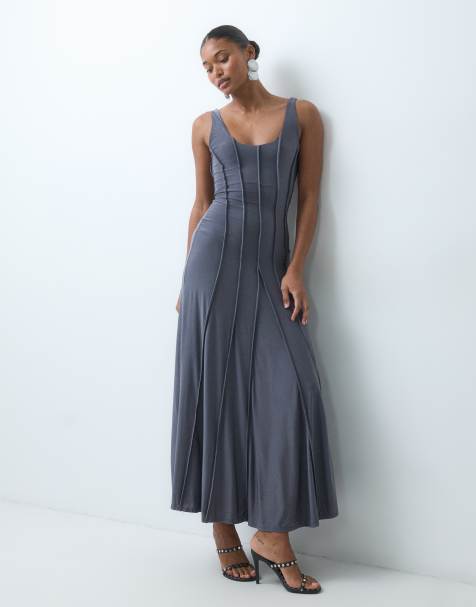 ASOS DESIGN slinky scoop neck maxi dress with exposed seams in charcoal