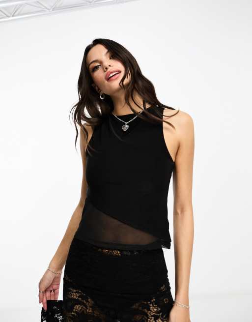 Black Slinky Round Neck Sleeveless Crop Top