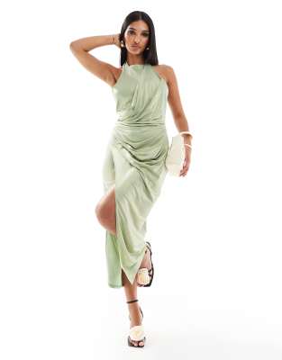 Asos Design Slinky Shimmer Halter Midi Dress With Drape Skirt In Sage-green