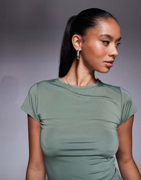 ASOS DESIGN slinky short sleeve baby tee in khaki - view 1