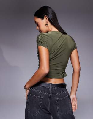 Asos Design Slinky Short Sleeve Drape Front Top In Green